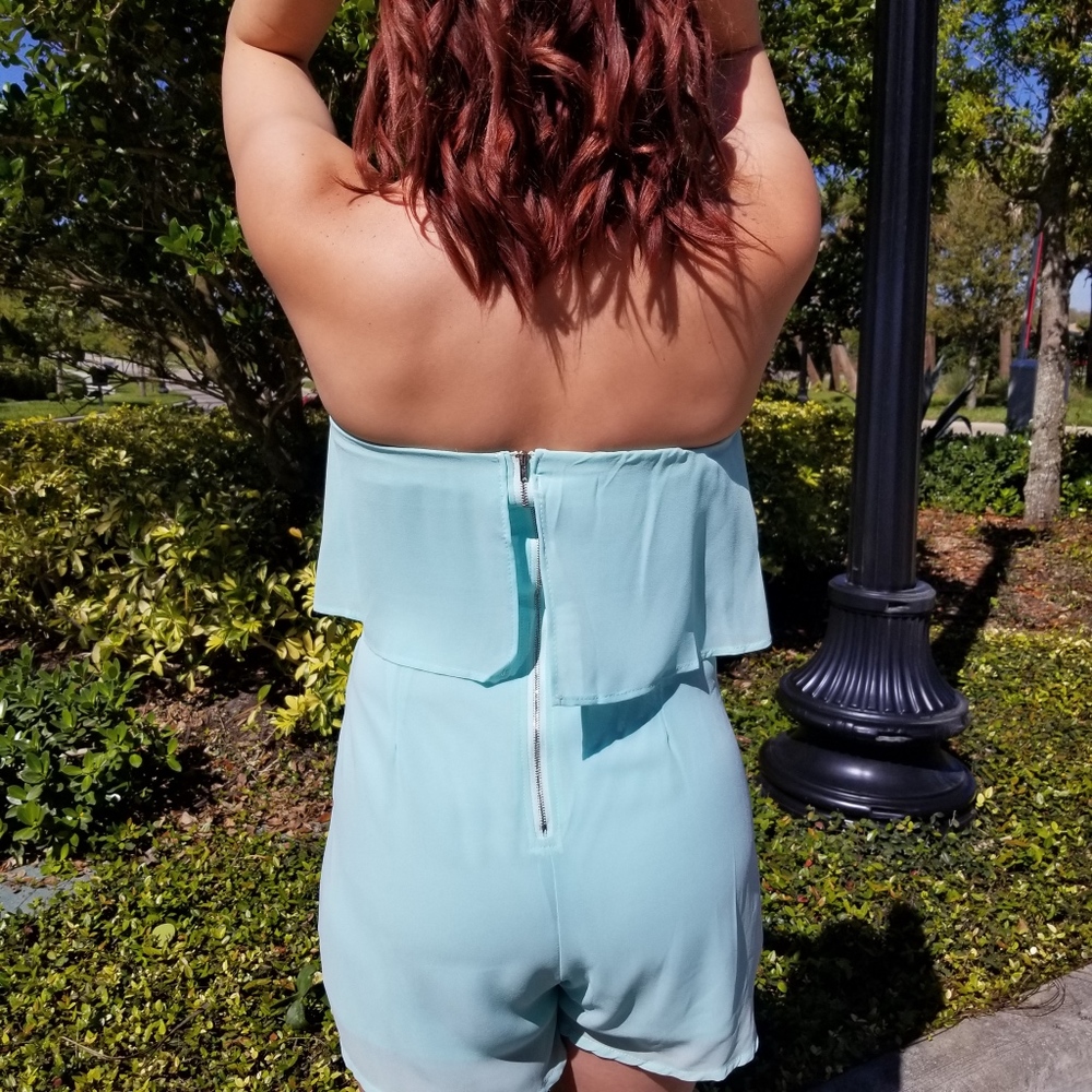 LAST Teal Strapless Flutter Romper with Pockets - Picture 4 of 4